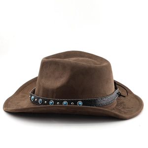 Detail of brown suede cowboy hat featuring turquoise beads and silver stud accents