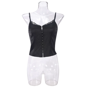 Detail of black satin camisole with front buttons and delicate lace trim on mannequin