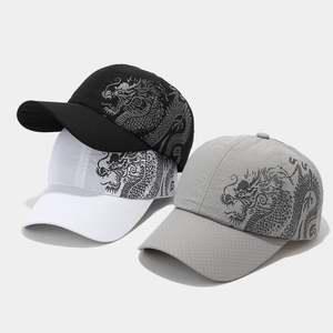 Three quick-dry baseball caps in black, white, and grey with a Chinese dragon print