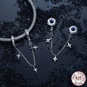 Polished 925 sterling silver star safety chain charm for bracelets on black sand