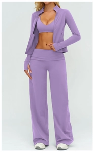 Three-piece purple yoga set showing zipped jacket, V-neck bra and high waist wide leg pants