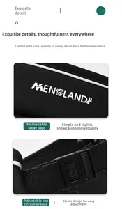 Detail of adjustable elastic band and buckle system with MENGLAND letter print on black visor