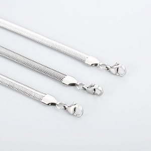 Three flat silver snake chain necklaces with lobster clasps in various lengths