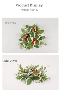 Detail view of Christmas candle ring with red berries and white-edged holly leaves