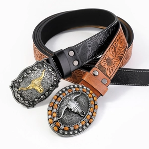 Retro western cowboy belts with embossed leather and large bull head metal buckles