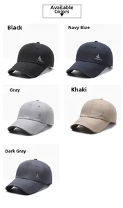 Detail view of quick-dry baseball caps in black, navy, gray, khaki and dark grey