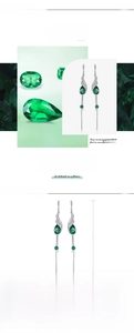 Macro detail of S925 silver long emerald earrings with pear-cut lab gems and length specs