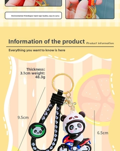 Detailed dimensions of cartoon motorcycle panda keychain with black braided strap