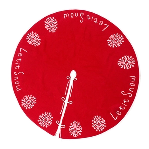 Red knitted Christmas tree skirt with white snowflake embroidery and Let it Snow text
