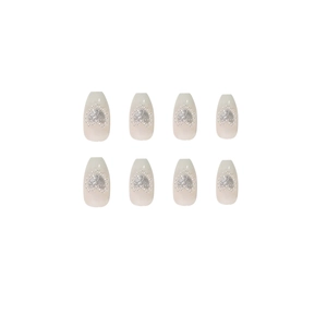 Elegant gradient white press-on nails with silver glitter heart and mini pearl accents