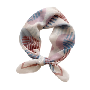 Pink and blue geometric print cotton-linen small square scarf with tie-knot style