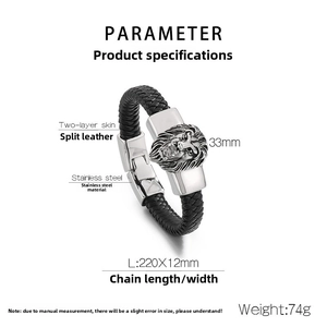 Détail du bracelet en cuir tressé avec fermoir tête de lion en acier et dimensions