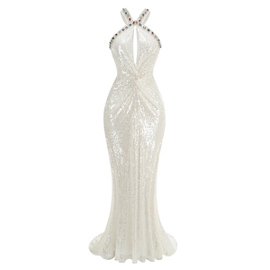 Detailed view of white sequin gown with halter neckline and colorful gem embellishments