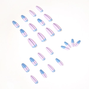 Blue and purple geometric press on nails in long almond shape with black line detail