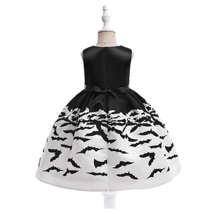 Back view of a sleeveless Halloween pumpkin dress with bat prints and a black waist bow