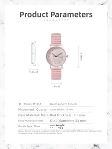 Detail view of pink women's quartz watch showing 33mm case diameter and elastic band specs