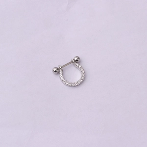 Detailed view of silver U-shaped helix stud earring with micro-paved cubic zirconia