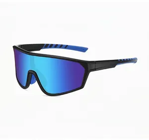 Detail of sports sunglasses with blue colorful coated lenses and black frames