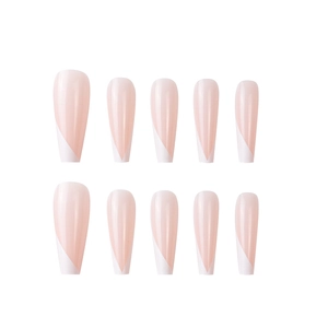 Long ballerina white V-shaped French tip press-on nails set in elegant nude pink