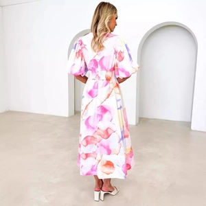 Floral watercolor puff sleeve maxi dress with cinched waist and elegant A-line silhouette