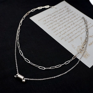 Minimalist double layer silver stainless steel necklace with spiral cylindrical pendant