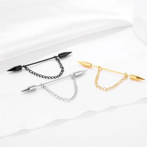 Industrial barbell earrings with hanging chains in black, silver, and gold stainless steel