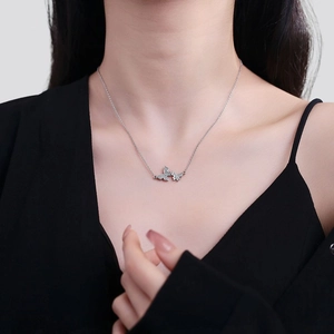 Elegante silberne Schmetterlingshalskette mit funkelnden Zirkonia am Modell getragen