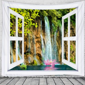 Detail of 3D waterfall landscape tapestry with lush greenery and a pink lotus flower