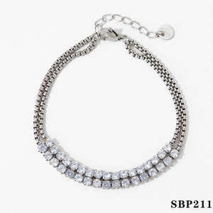 Detailed view of silver stainless steel double row zircon bracelet with lobster clasp