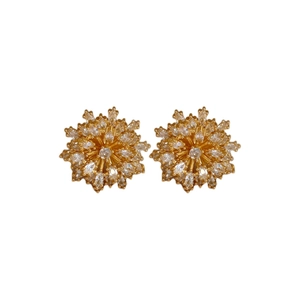 Exquisite gold plated flower stud earrings with sparkling cubic zirconia on white background
