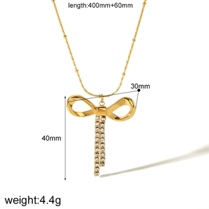 18k gold plated stainless steel bow necklace with rhinestones, 400mm+60mm chain length