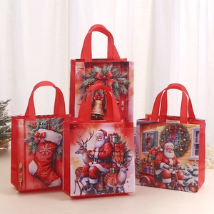 Christmas non-woven gift bags set with festive red Santa Claus and reindeer prints