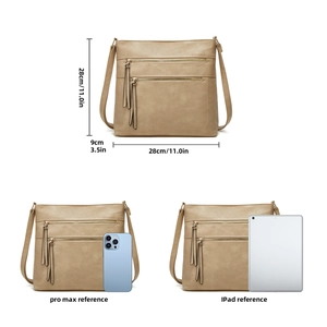 Size chart and capacity display for a khaki tote bag with smartphone and tablet comparison