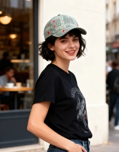 Outdoor street style view of a grey-green textured baseball cap with a printed black t-shirt