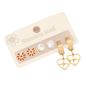 Set of 3 stainless steel earrings featuring red flower, crystal stud, and heart pendant