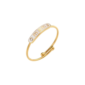 Adjustable 18K gold plated stainless steel mama ring with white enamel and clear gemstone