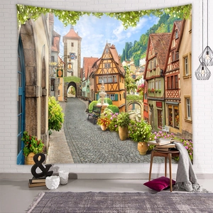 Polyester tapestry detail showing European town street scenery with old colorful houses