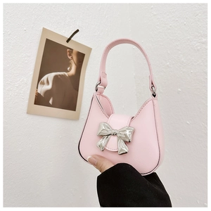 Women Girls PU Leather Crossbody Shoulder Bag With Metal Bow Decoration Metallic Chain Strap Half Moon Handbag