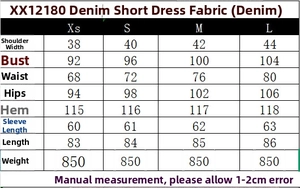Detaillierte Größentabelle für Damen-Denim-Minikleid mit Brust- und Längenangaben