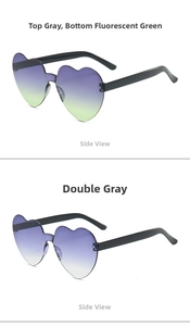 Detail of heart-shaped rimless sunglasses featuring neon green and grey gradient lenses