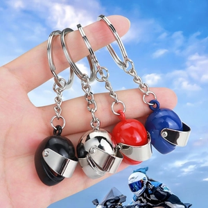 3D mini motorcycle helmet keychain in blue with movable visor and metallic ring