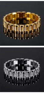 Detail of gold and silver stainless steel bracelets with micro-pave CNC cubic zirconia