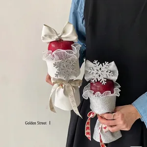 Christmas gift apple packaging with white snow pattern and sparkling silver glitter fabric