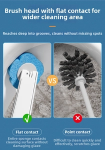 Comparison showing blue petal-shaped sponge toilet brush head versus stiff bristle brush