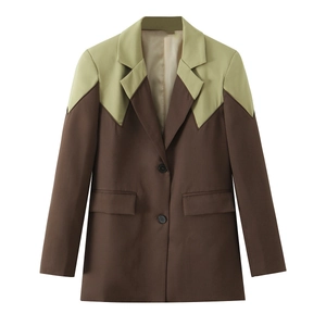 Women Color Block Patchwork Blazer Lapel Long Sleeve Casual Commuter Outerwear Jacket Polyester Vintage Style