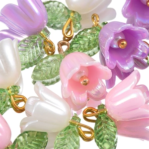 3D pearl lily of the valley flower pendants with green leaves for DIY jewelry making