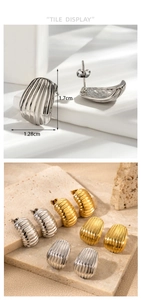 Macro view of textured shell-shaped titanium steel earrings with precise dimensions