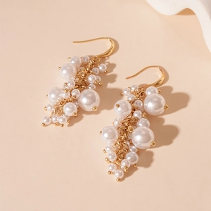 Baroque Imitation Artificial Pearl Tassel Drop Earrings French Elegant Alloy Cluster Ear Hooks For Women
