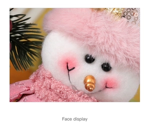 Detailed close-up of a pink plush snowman face with sequins and golden nose decor