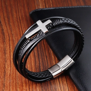 Men's multilayer black braided leather bracelet with silver cross and magnetic clasp